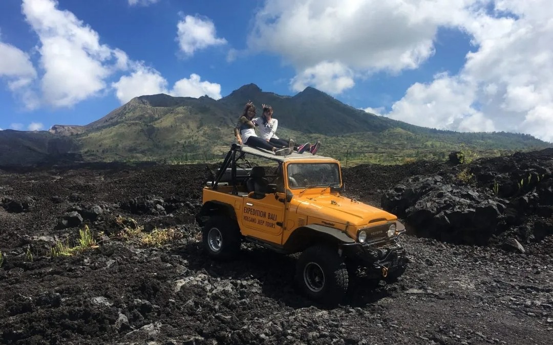 Jeep on Mount Batur black lava field